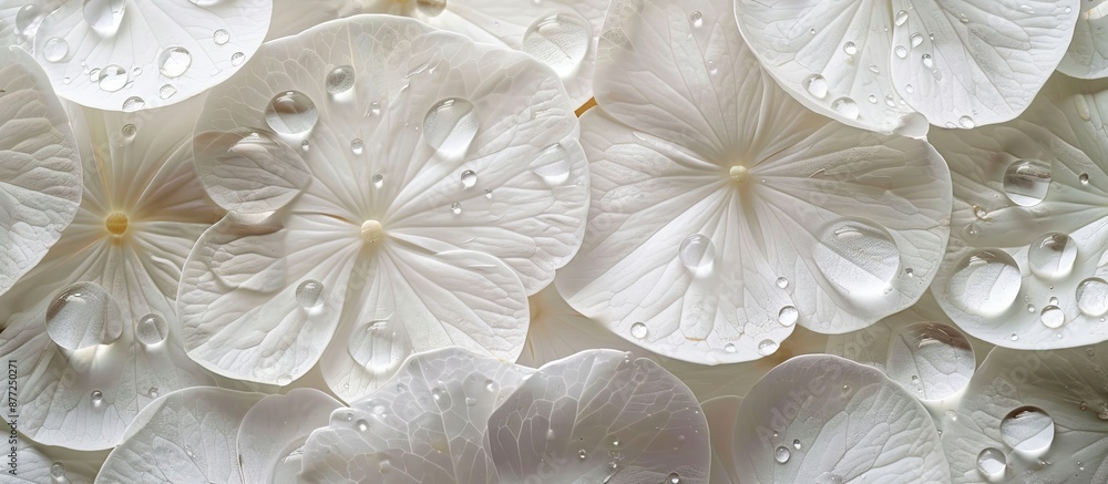 Poster white flower petals with water drops on them displayed in a copy space image