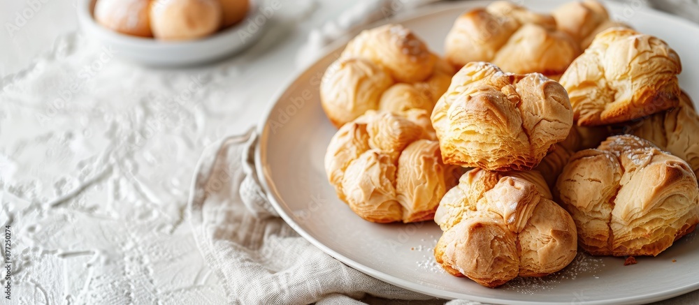 Fototapete choux pastries made with minimal ingredients like butter water flour and eggs present on a white pla