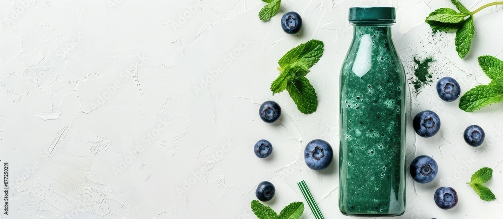 Poster a bottle of spirulina smoothie with blueberries mint leaves and a straw placed on a white background