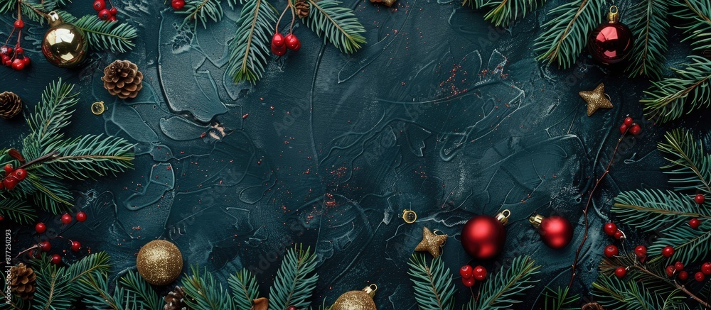 Poster A festive Christmas theme with evergreen branches red and gold ornaments on a dark backdrop perfect for New Year greetings Includes space for text in a winter themed design. with copy space image