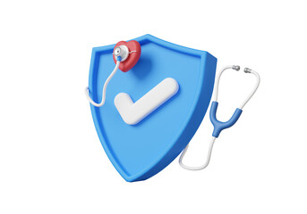 Shield protection health checkup heartbeat medical doctor stethoscope diagnosis floating on isolated background. healthcare checkmark concept. 3d rendering