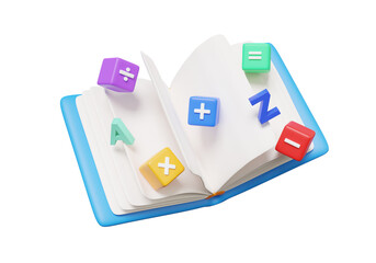 Open book basic math and english language A to Z of kid operation colorful symbols math, plus, minus, multiplication, number divide. mathematic learning education concept. 3d render illustration