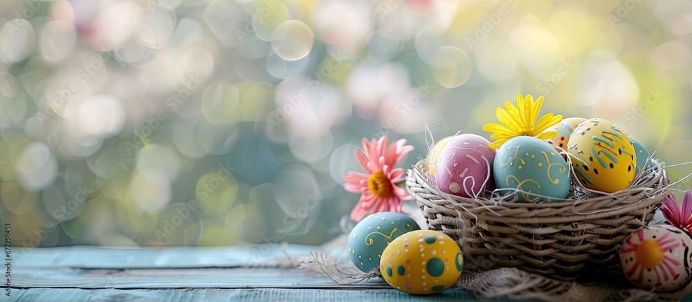 Aufkleber a wooden table displays a basket filled with vibrant easter eggs and a lovely flower creating a char