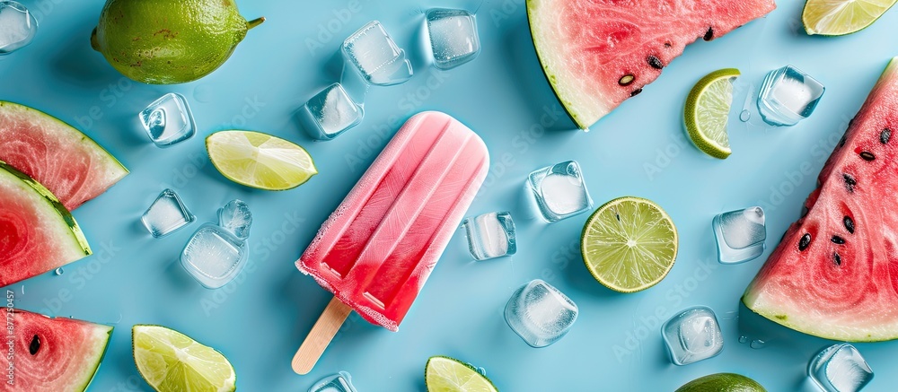 Aufkleber View from above of a refreshing ice cream popsicle and watermelon with lime and ice cube on a blue surface providing copy space in the image