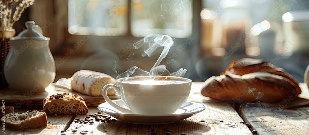 Poster a steaming cup of coffee with smoke surrounded by rustic bread sits on a table in a cozy room with a
