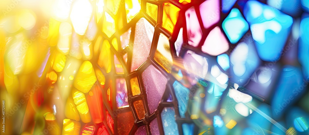 Poster blurry abstract background featuring sunlit stained glass with vibrant colors perfect for copy space