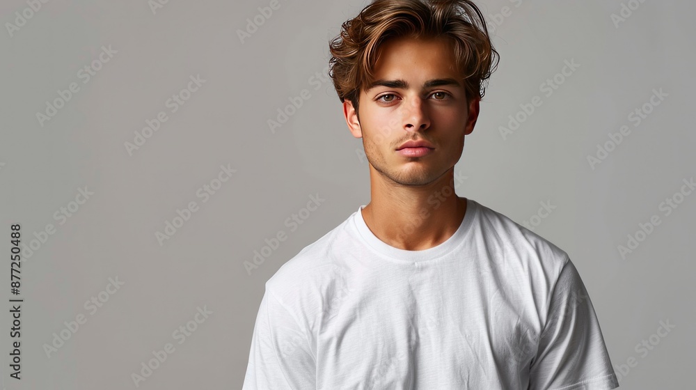 Poster Young Man in White T-Shirt, Serious Expression