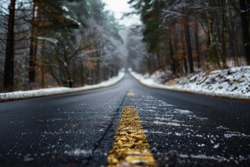 Obraz premium Serene view of a wet road with yellow lines leading through a snowdusted forest
