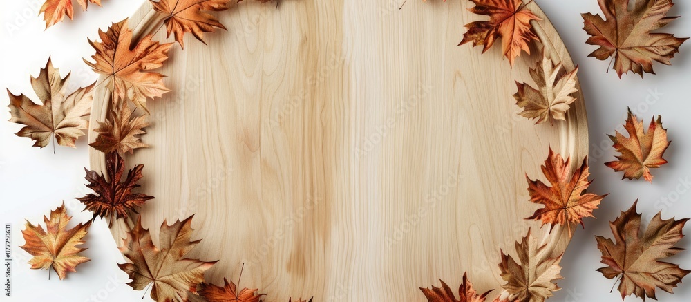 Poster circular wooden frame with maple leaves bordering an empty center positioned on white backdrop for a