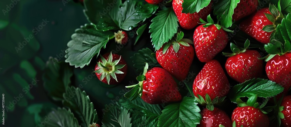 Aufkleber background of fresh juicy strawberries with leaves creating a vibrant copy space image