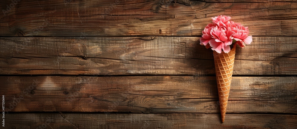 Poster carnation flower in a waffle cone set against a rustic wooden backdrop with empty space for text or 