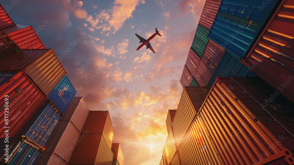 Poster container yard with cargo plane flying in the sky. concept of cross-border e-commerce container enab