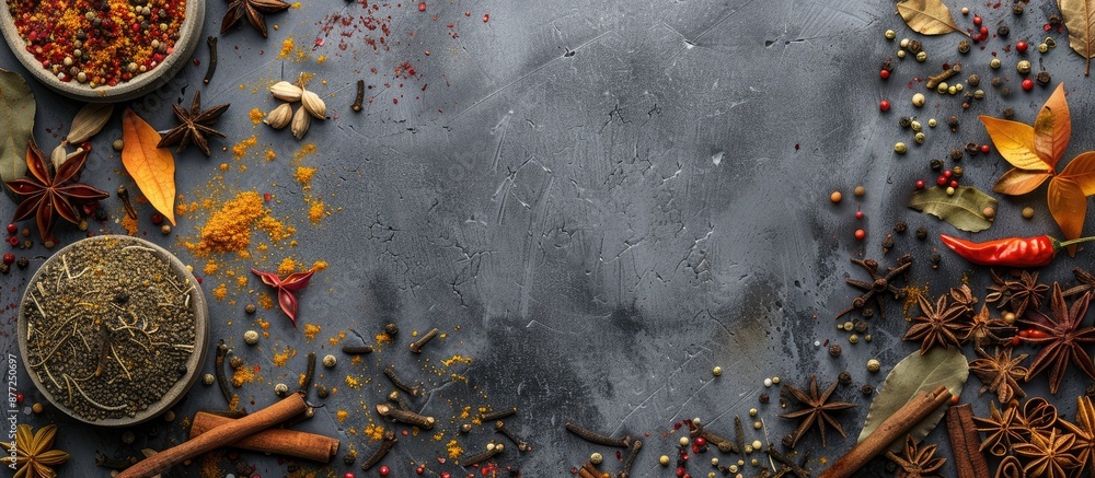 Fototapete Flat lay composition of various spices in a frame on a grey background with available copy space for text in the image