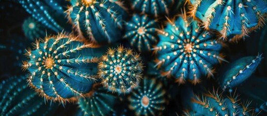 A close up shot of cacti from above showing intricate details with a focus on the macro perspective and abundant copy space image