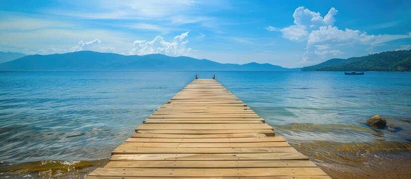 Wooden boardwalk jetty pier with calm ocean water and mountains in the background as copy space image - Powered by Adobe
