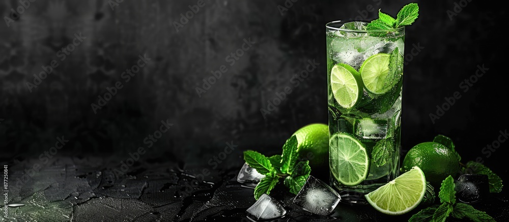 Aufkleber A refreshing summer mint and lime drink on black background with space for text called Mojito cocktail. with copy space image. Place for adding text or design