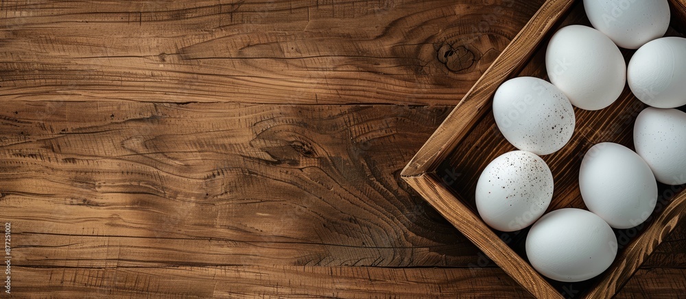 Poster white eggs on a wooden table in a tray with copy space image