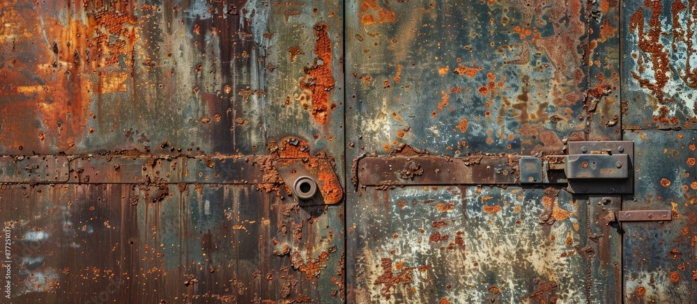 Poster Rusty iron gate and weathered metallic roll up door with a grungy appearance on a background with copy space image available