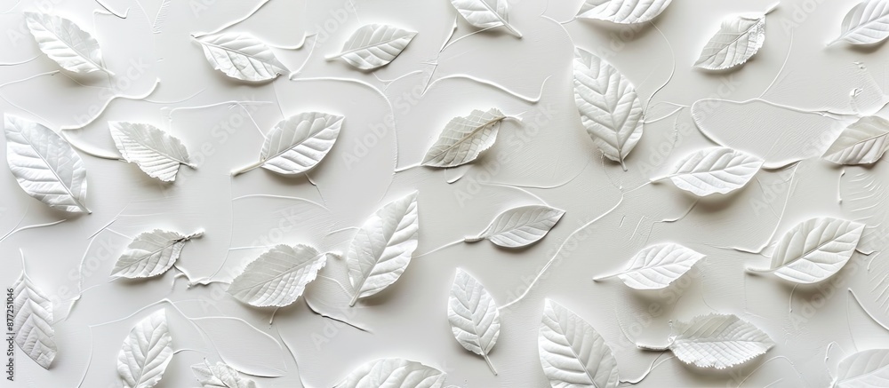 Fototapete a white backdrop adorned with textured leaf patterns creating a charming copy space image