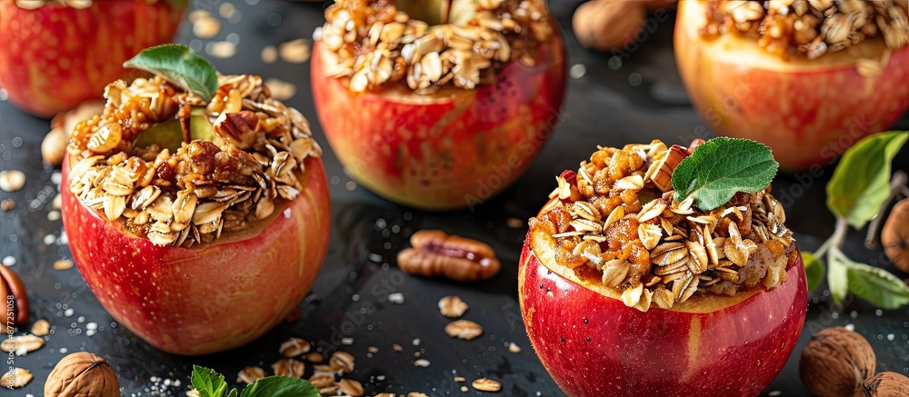 Poster a copy space image featuring baked apples filled with a mixture of oats and nuts