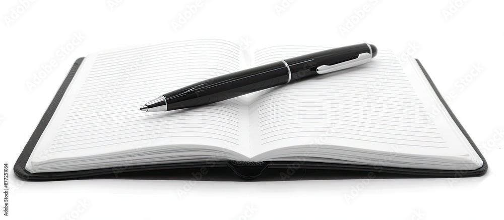 Aufkleber A black pen placed on top of an open notebook with ample copy space image