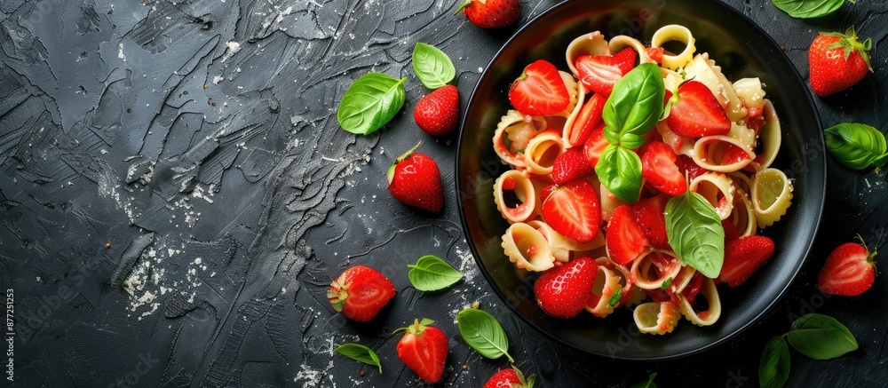 Aufkleber high quality photo of pasta with strawberry cream fresh strawberries and basil with copy space image