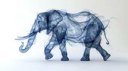   An elephant-shaped object composed of blue smoke on a white backdrop with elongated tusks