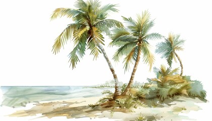 Obraz premium Tropical Watercolor Landscapes: Detailed Palm Trees and Sandy Beaches on White Background with Copy Space