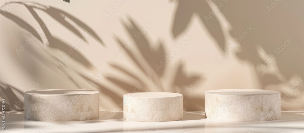 Poster Minimal mockup featuring three stone podiums for displaying cosmetic products with ample copy space in the image