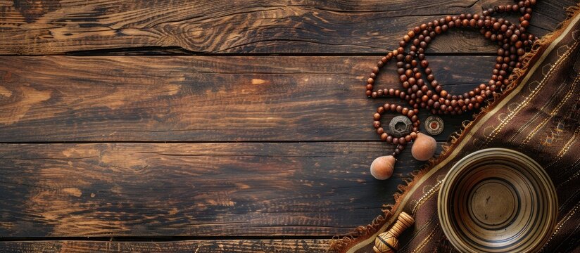 Wooden background with a yoga mat mala beads and a Tibetan bowl perfect for yoga and meditation practice with space for adding text or images. with copy space image. Place for adding text or design