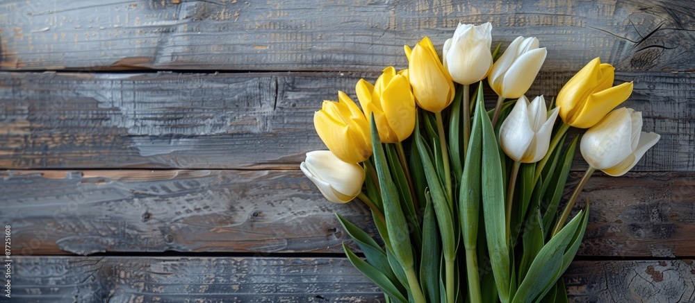 Fototapete A rustic wood background with a bouquet of closed yellow and white tulips displayed providing space for adding text or images. with copy space image. Place for adding text or design