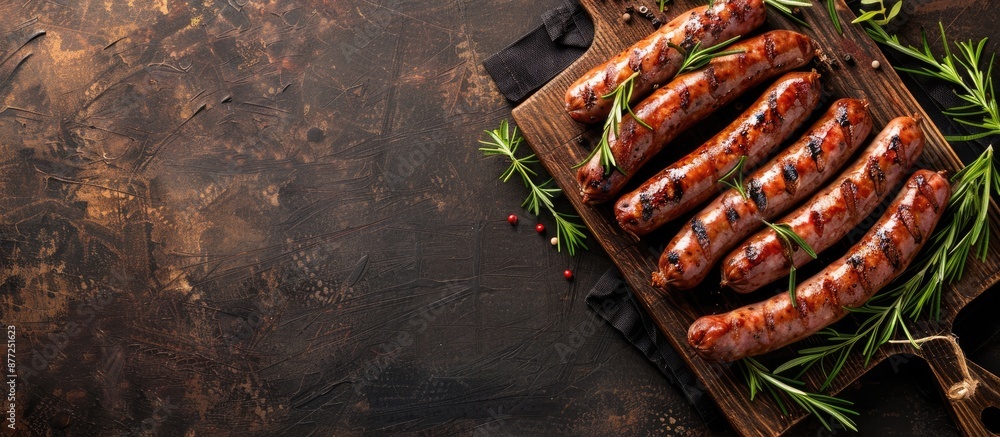 Poster wooden board with sausage arranged on top providing a rustic background with a perfect copy space im