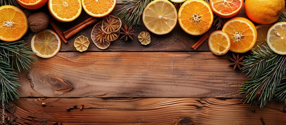 Aufkleber citrus fruits spices and pine branches arranged on a wooden backdrop with copy space image