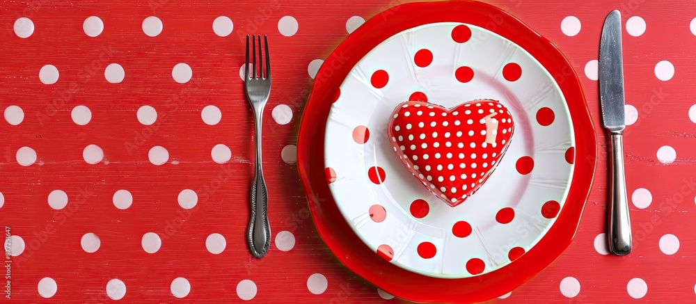 Aufkleber Valentine s Day themed table setting with heart shaped plate cutlery on red background with white polka dots Ideal for holiday background with copy space image