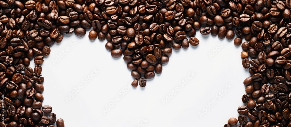 Poster coffee beans heart shaped frame with available white copy space image