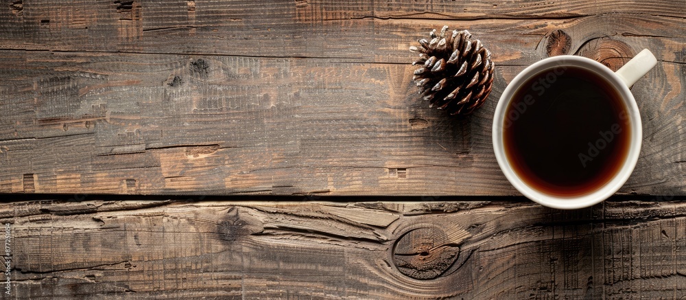 Aufkleber A rustic themed top down view of coffee with a pine cone on a wooden table featuring ample copy space for an image