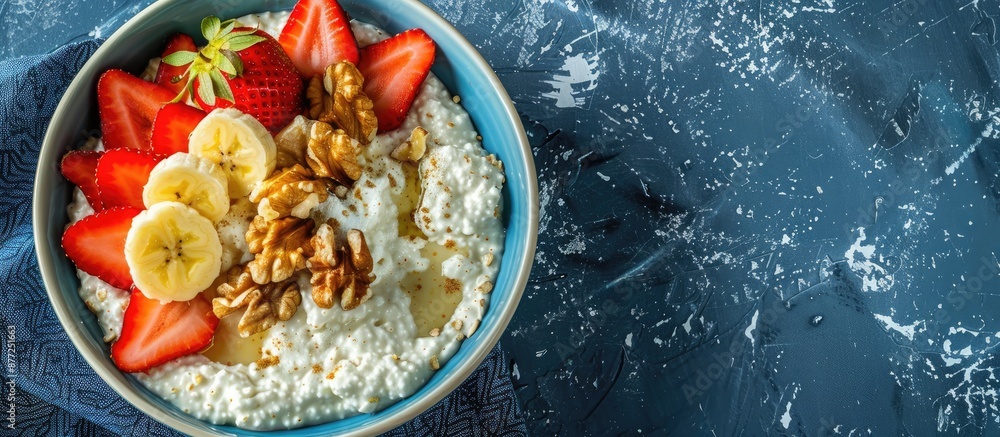 Aufkleber healthy cottage cheese topped with strawberries bananas and walnuts in a blue bowl viewed from the t
