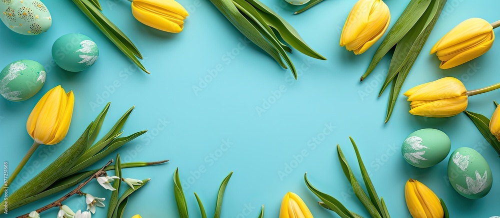 Poster Flat lay with Easter eggs yellow tulips in a circle on a turquoise blue background creating a beautiful spring concept with room for additional content in the image