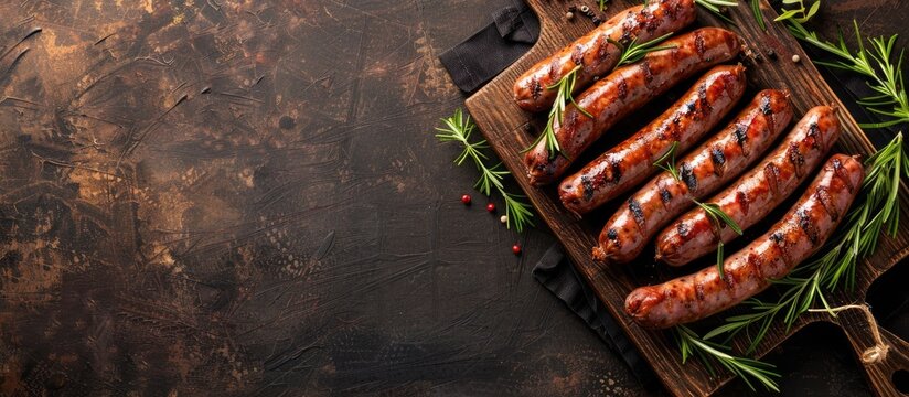 Wooden board with sausage arranged on top providing a rustic background with a perfect copy space image