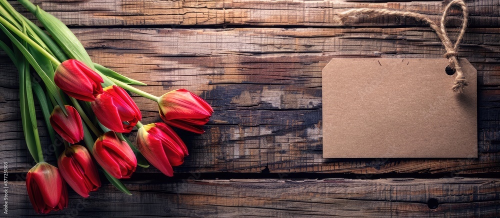 Poster Red tulips for Valentine s day on wooden backdrop with empty tag for copy space image