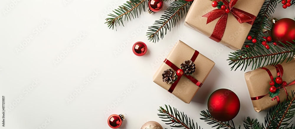 Aufkleber festive christmas scene with presents fir tree branches and red ornaments on a white backdrop captur