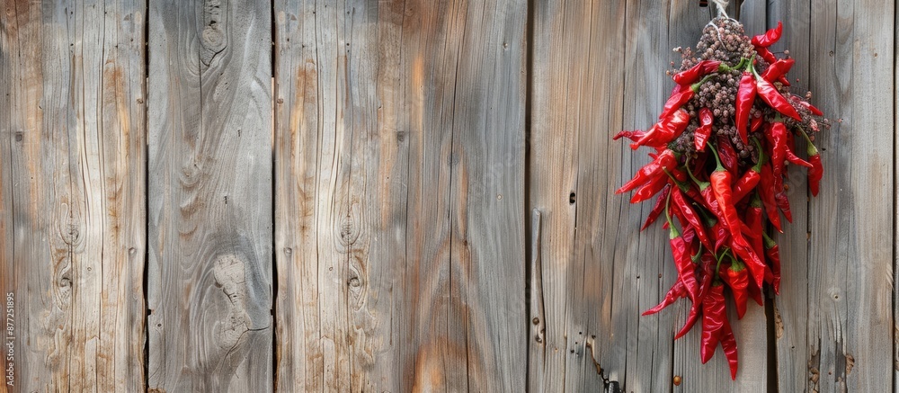 Leinwandbilder red chili peppers drying on a wooden wall offering a close up view with a blank space for text in a 