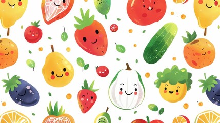 Happy Fruits and Vegetables Pattern for Educational Projects on White Background