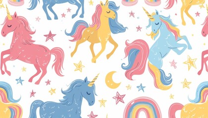 Whimsical Hand-Drawn Unicorn and Rainbow Pattern for Magical Themes on Isolated White Background