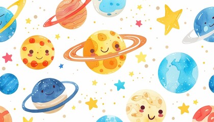 Cosmic Cuties - Cheerful Planets and Stars in Night Sky Background for Children's Astronomy Books on Isolated White Background