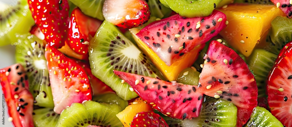 Leinwandbilder A visually appealing fruit salad featuring pitaya strawberries and kiwi on a backdrop with ample room for additional visuals a copy space image
