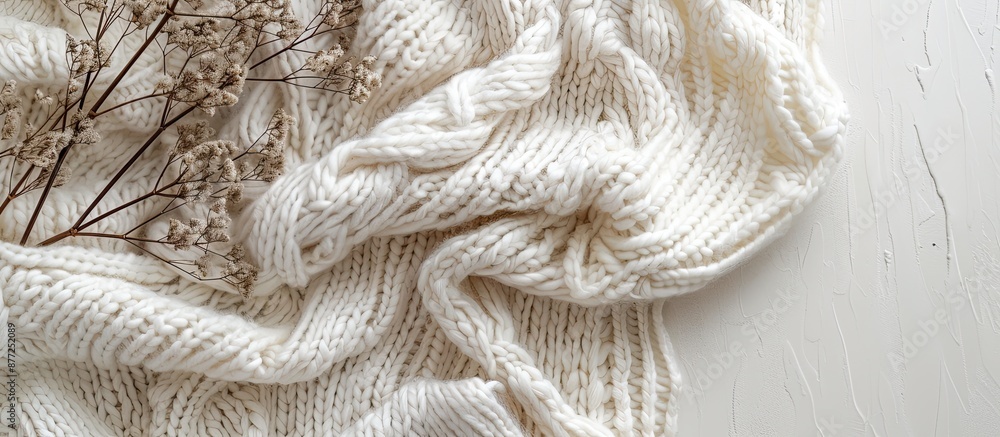 Poster white knitted wool item on white backdrop perfect for autumn or winter ambiance with available copy 