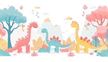 Naklejka premium Lovely pastel background with cartoon dinosaurs and trees, suitable for children's party invitations, isolated white background.