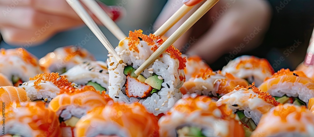 Leinwandbilder multiple hands gripping sushi rolls using chopsticks in a close up copy space image