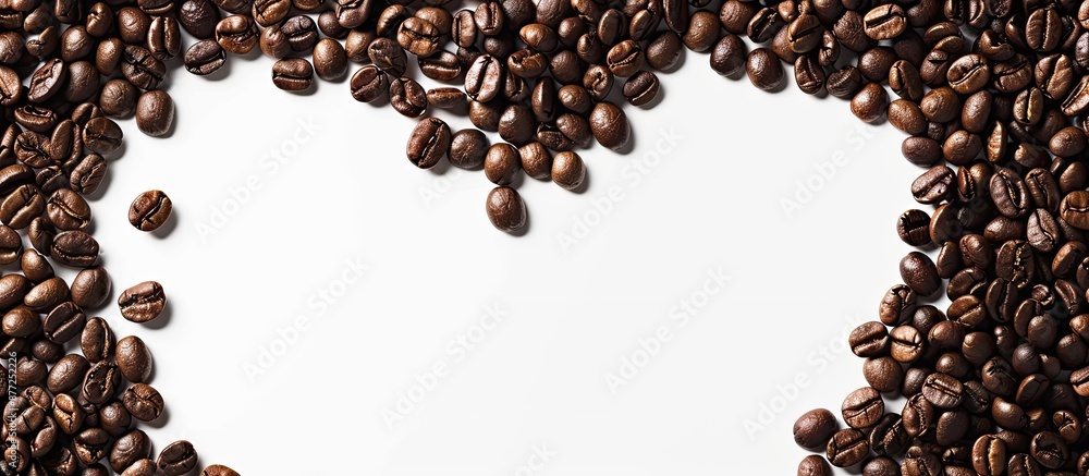 Poster coffee beans heart shaped frame with available white copy space image